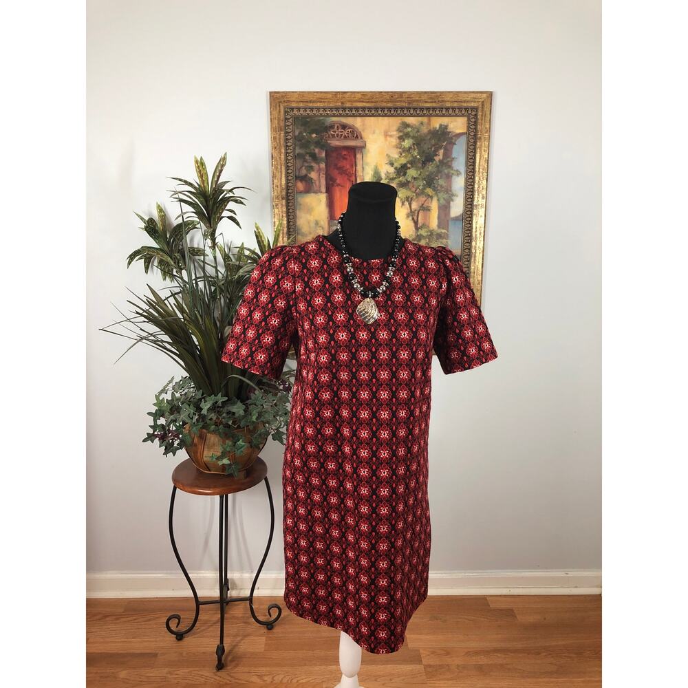 Loft Women Small Scroll Floral Jacquard Shift Mini Dress Black Red Crew Neck